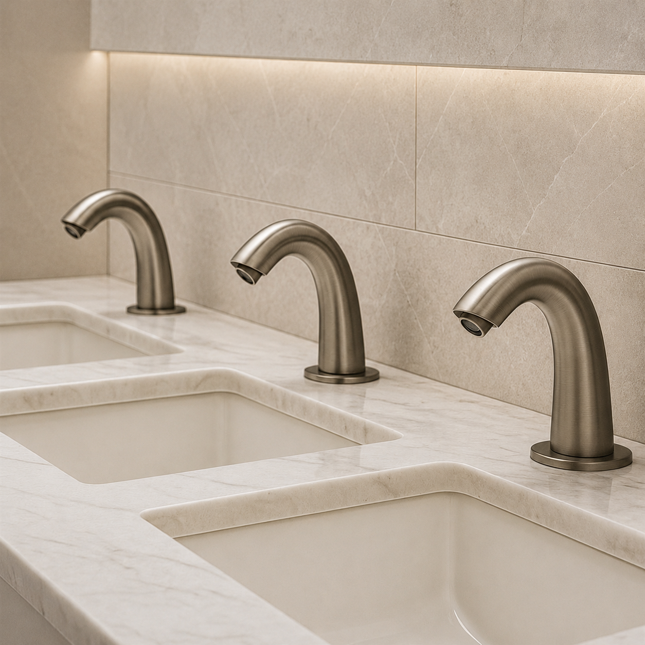 Fontana Synera Edition Brushed Nickel touchless faucet for Turks and Caicos airport restroom design